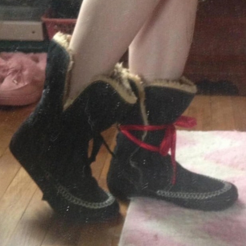 black suede moccasin bootie slippers with faux fur lined interior